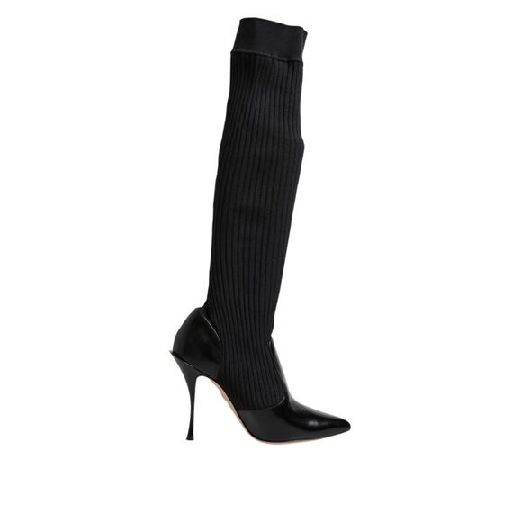 Dolce & Gabbana Black Leather Ribbed Knit Knee Boots Women's Shoes - Picture 1 of 6